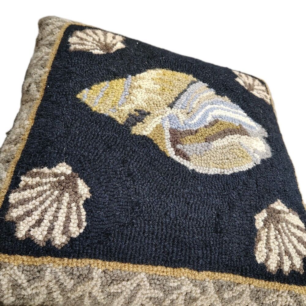 Set of 2 Coastal Seashell Hooked Throw Pillows Black Nautical Beach Cottage - Picture 5 of 8
